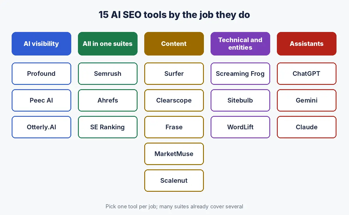AI SEO tools grouped into five jobs: AI visibility tracking, all in one suites, content, technical audits and entities, plus general assistants
