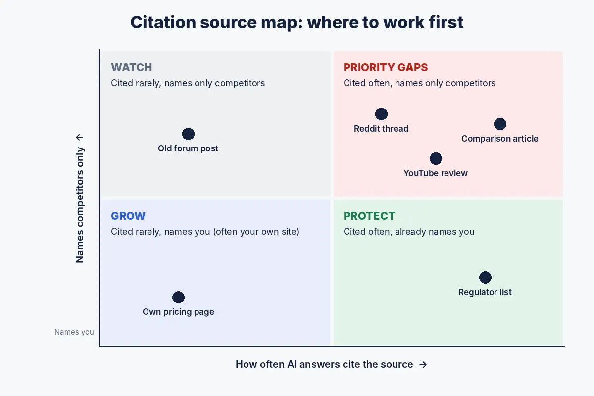 Citation source map grid showing which cited sources mention your brand, mention only competitors, and how often each is cited