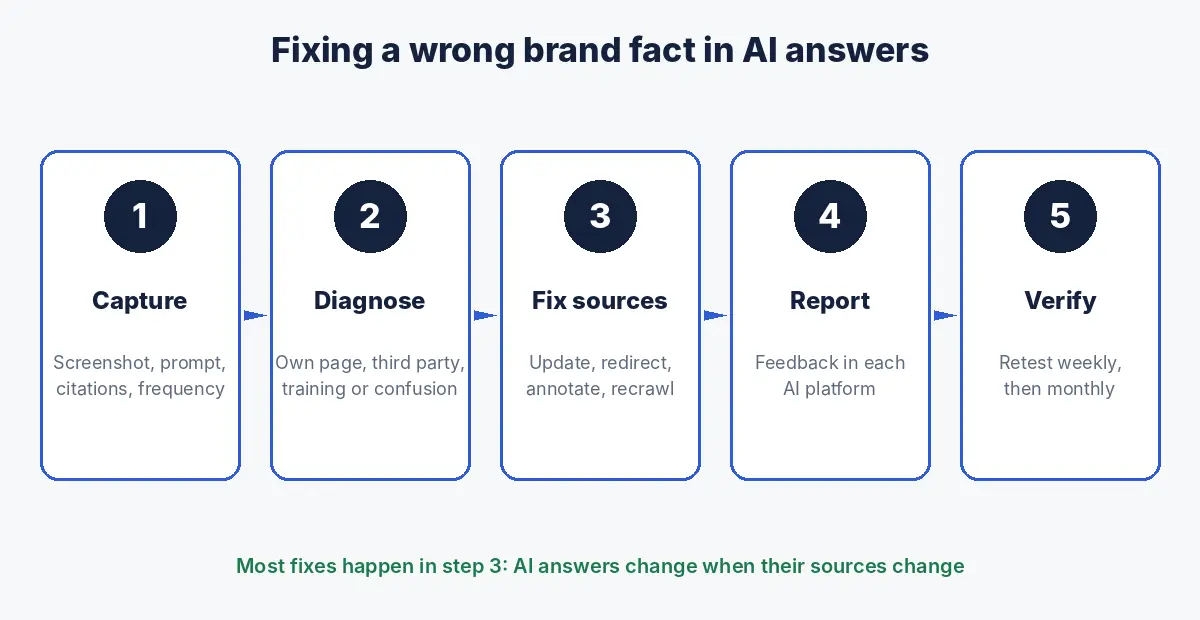 Five step process for fixing wrong brand facts in AI answers: capture, diagnose, fix sources, report, verify