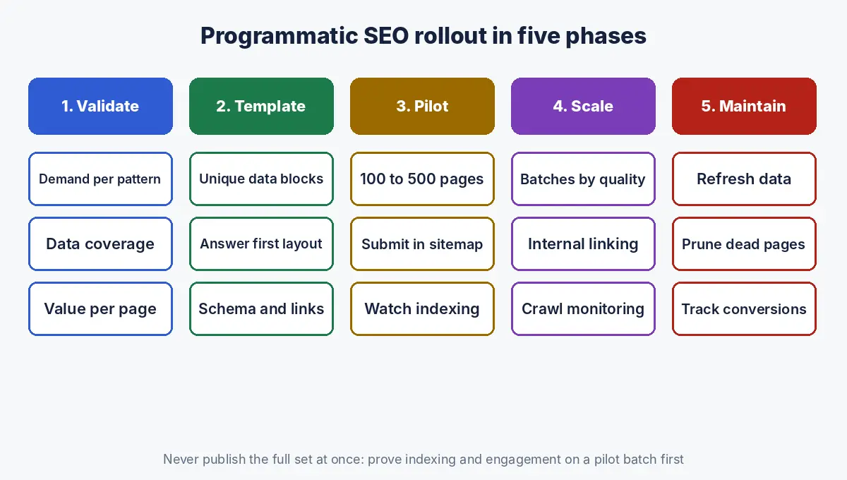 Five phase programmatic SEO rollout: validate, template, pilot, scale and maintain