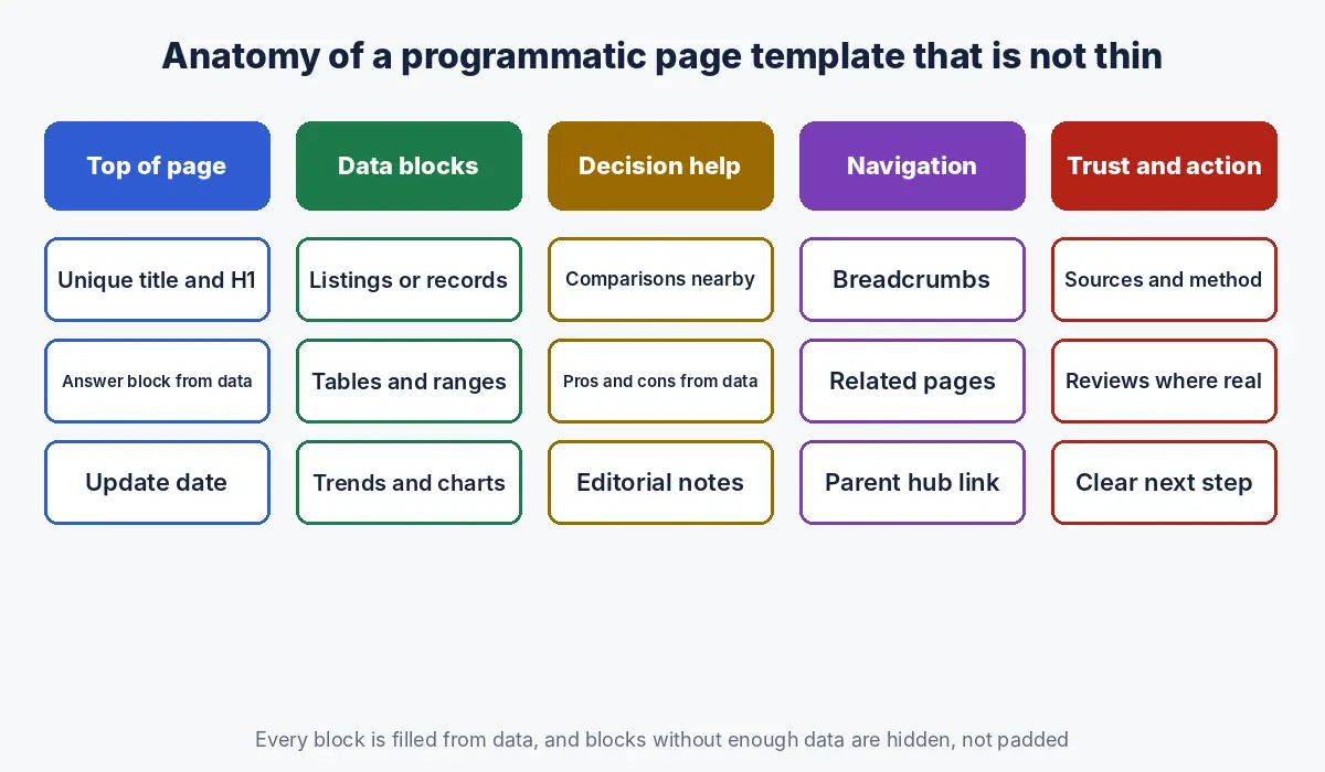 Anatomy of a programmatic page template: top of page, data blocks, decision help, navigation, and trust and action blocks