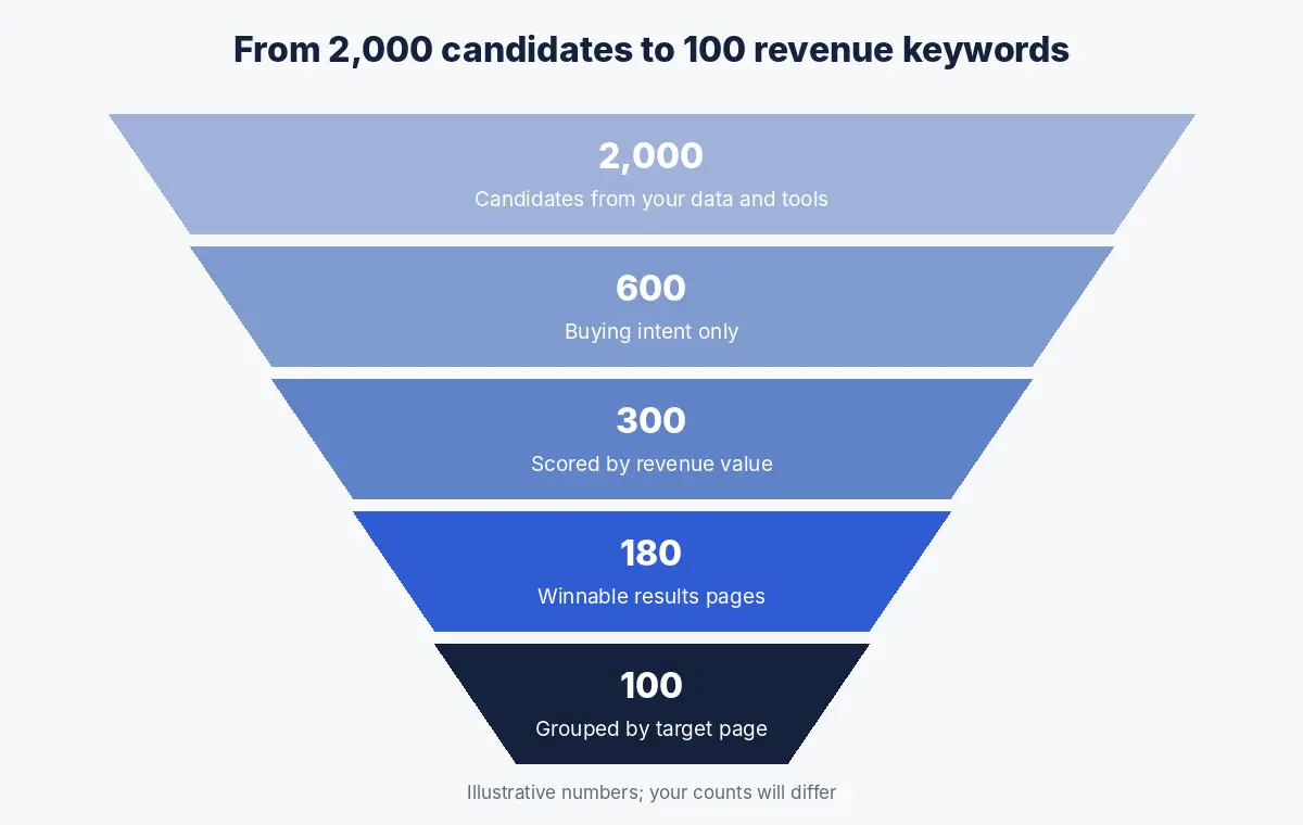 Funnel from 2,000 candidate keywords to 100 revenue keywords through intent filtering, value scoring, winnability checks and grouping