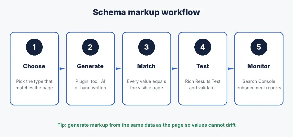 Schema markup workflow: choose the type, generate JSON LD, match visible content, test and monitor in Search Console