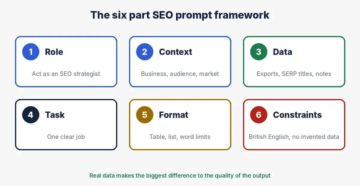 Six part framework for ChatGPT SEO prompts: role, context, data, task, format and constraints